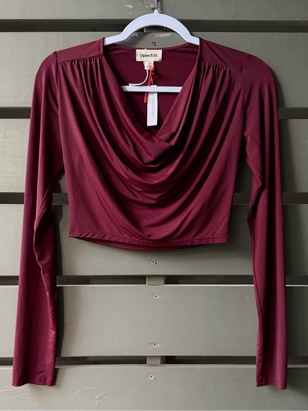 Open Edit Cowl Neck Long Sleeve Crop Top, Burgundy London
